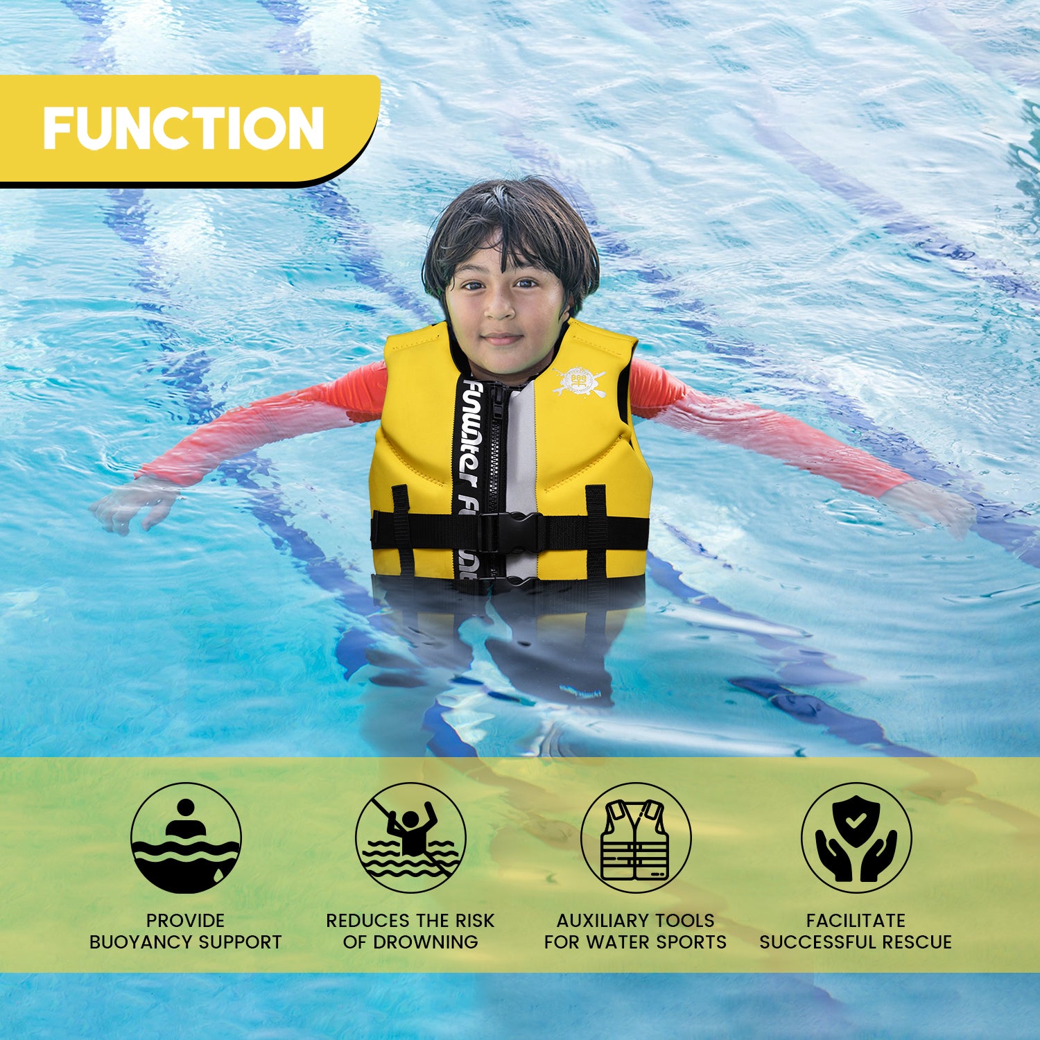A child wears a Funwater children's life jacket