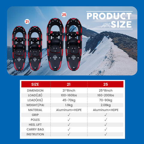 Funwater women’s red snowshoes specific size chart