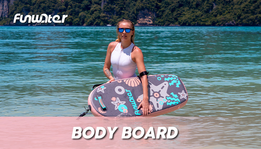 There is a woman holding an inflatable bodyboard and preparing for bodyboarding