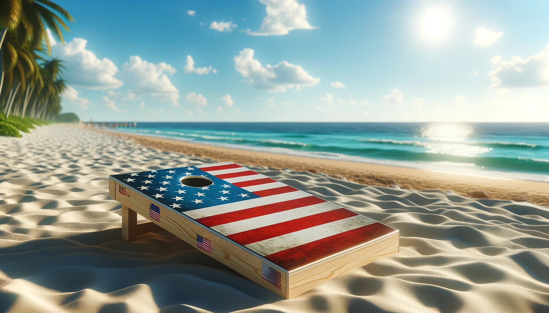 Cornhole board with U.S. flag designs on a beach