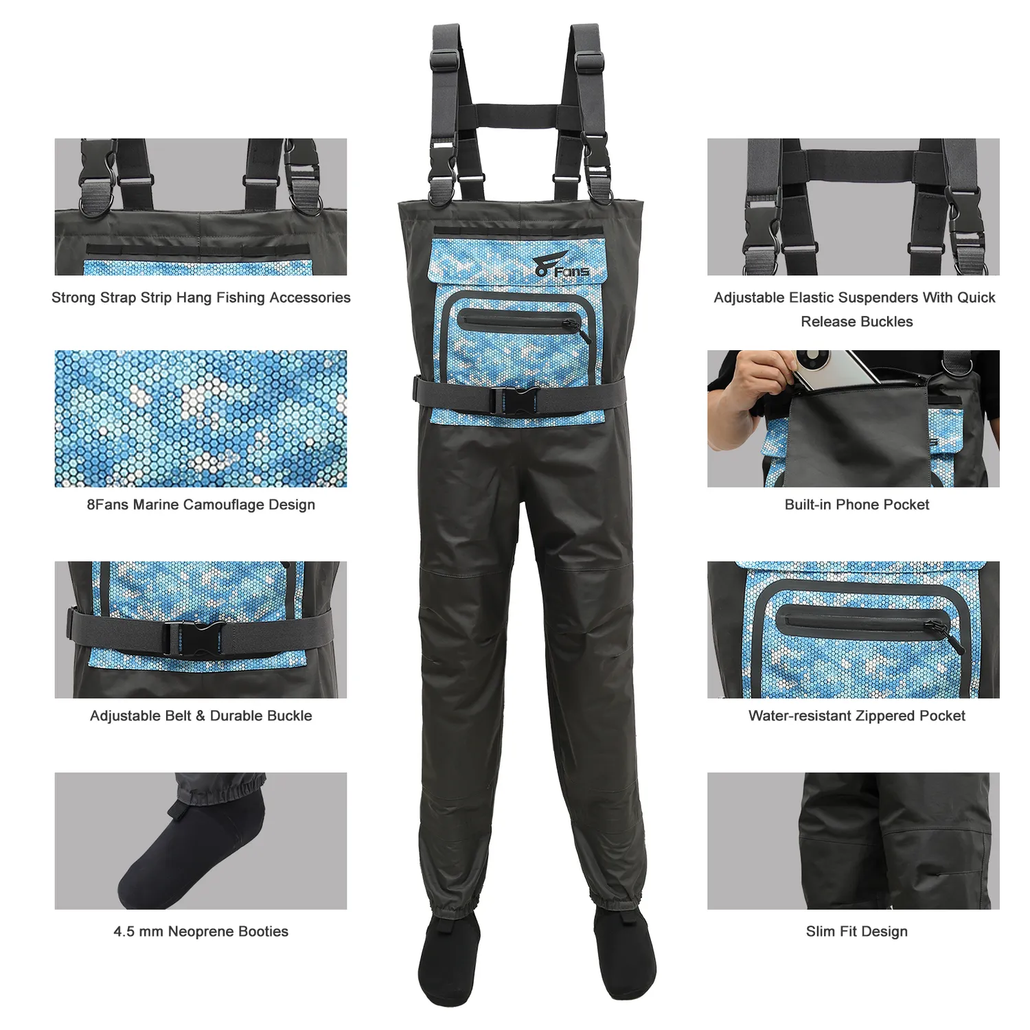 Lightweight chest waders has adjustable belt and durable buckle and phone pocket