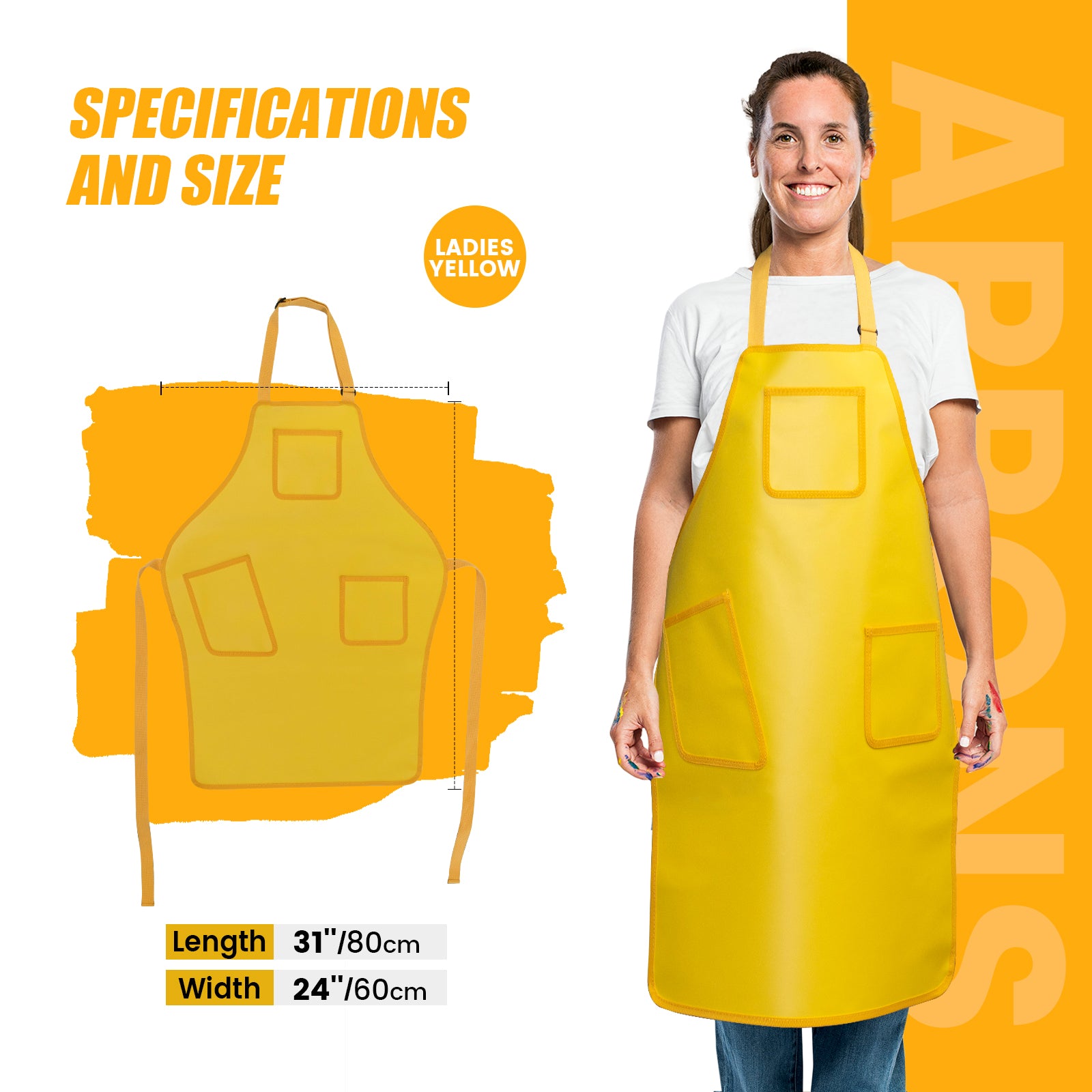 funwater women's yellow waterproof apron length 80cm, width 60cm