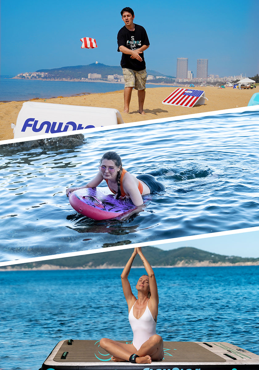 A man is playing corn hole at the beach, a woman is playing bodyboard, and a woman is doing yoga on a yoga paddle board
