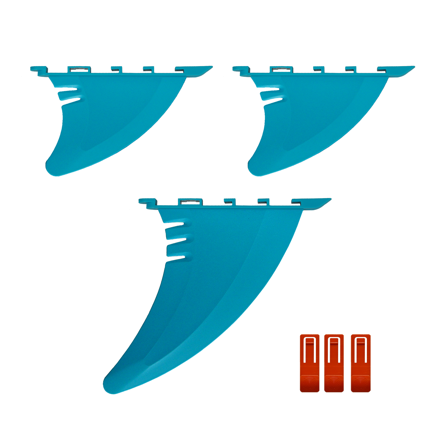 A set of paddleboard tail fins consists of a 7 " main fin and two 4" side fins