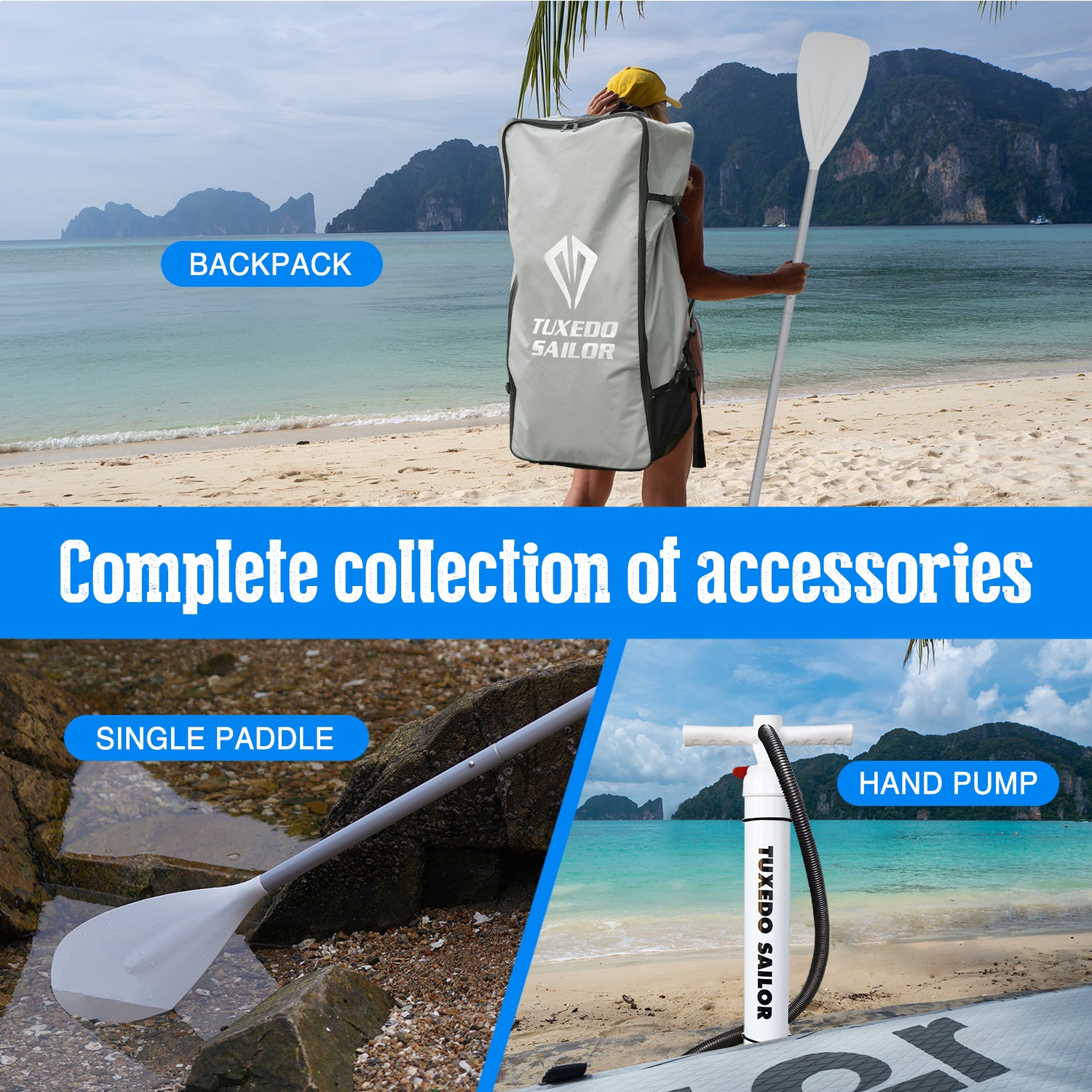 TUXEDO SAILOR Emblem stand up paddleboard accessories include a single paddle, a backpack and a hand pump