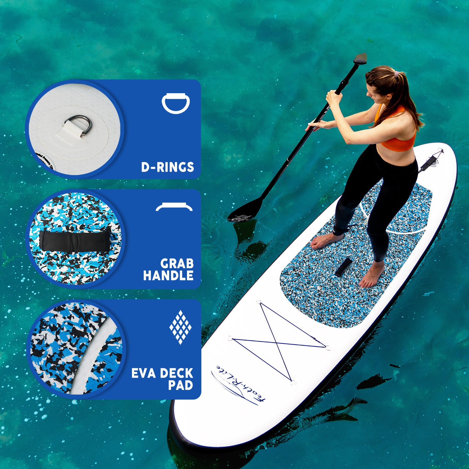 Feath-r-lite blow up paddle board with multifunctional D-ring and grab handle, which make it easy to carry