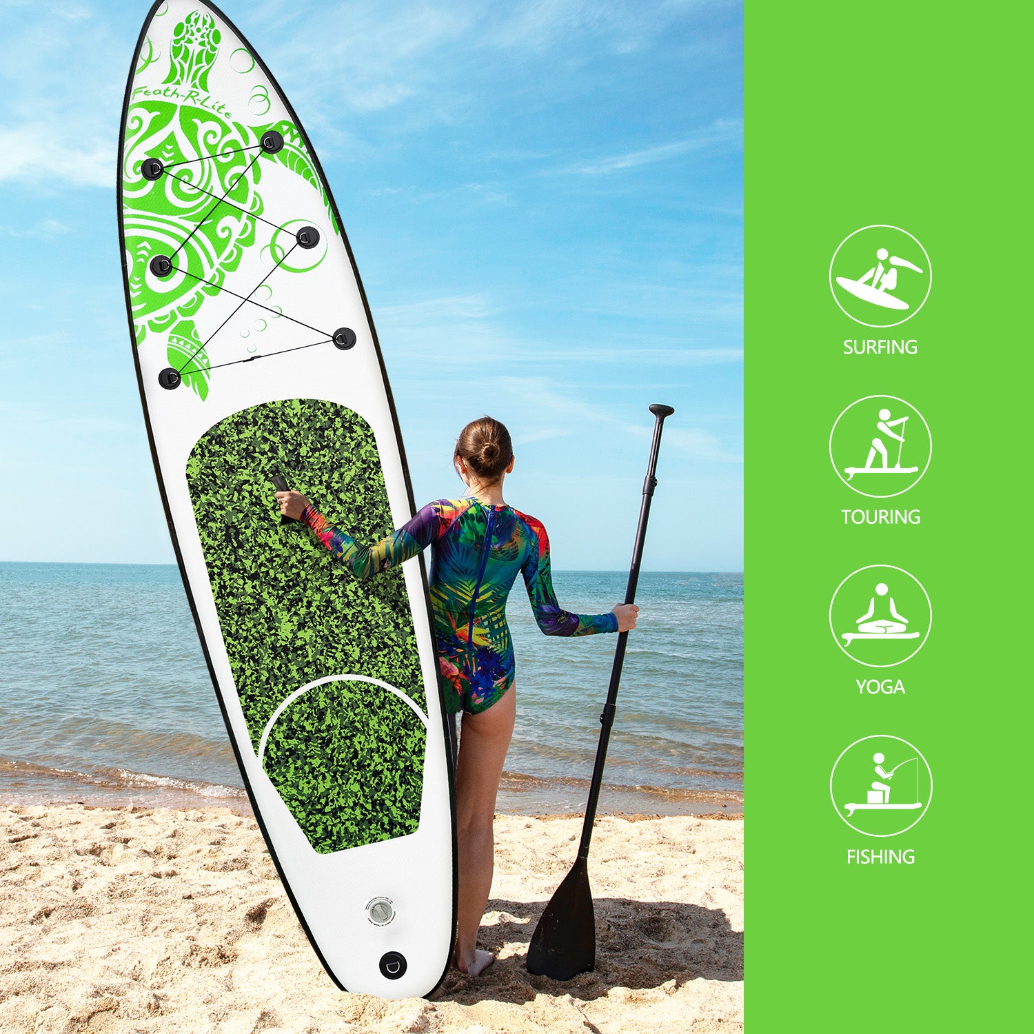 FEATH-R-LITE NOMADS inflatable SUP is suitable for yoga, fishing, touring and surfing