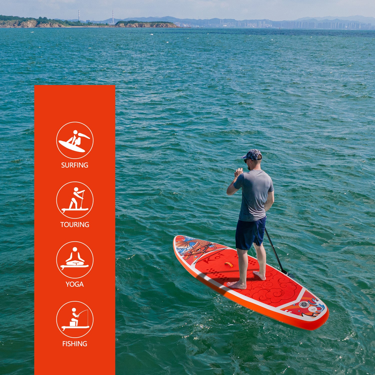 FUNWATER KOI paddle board is suitable for surfing, touring, yoga and fishing.