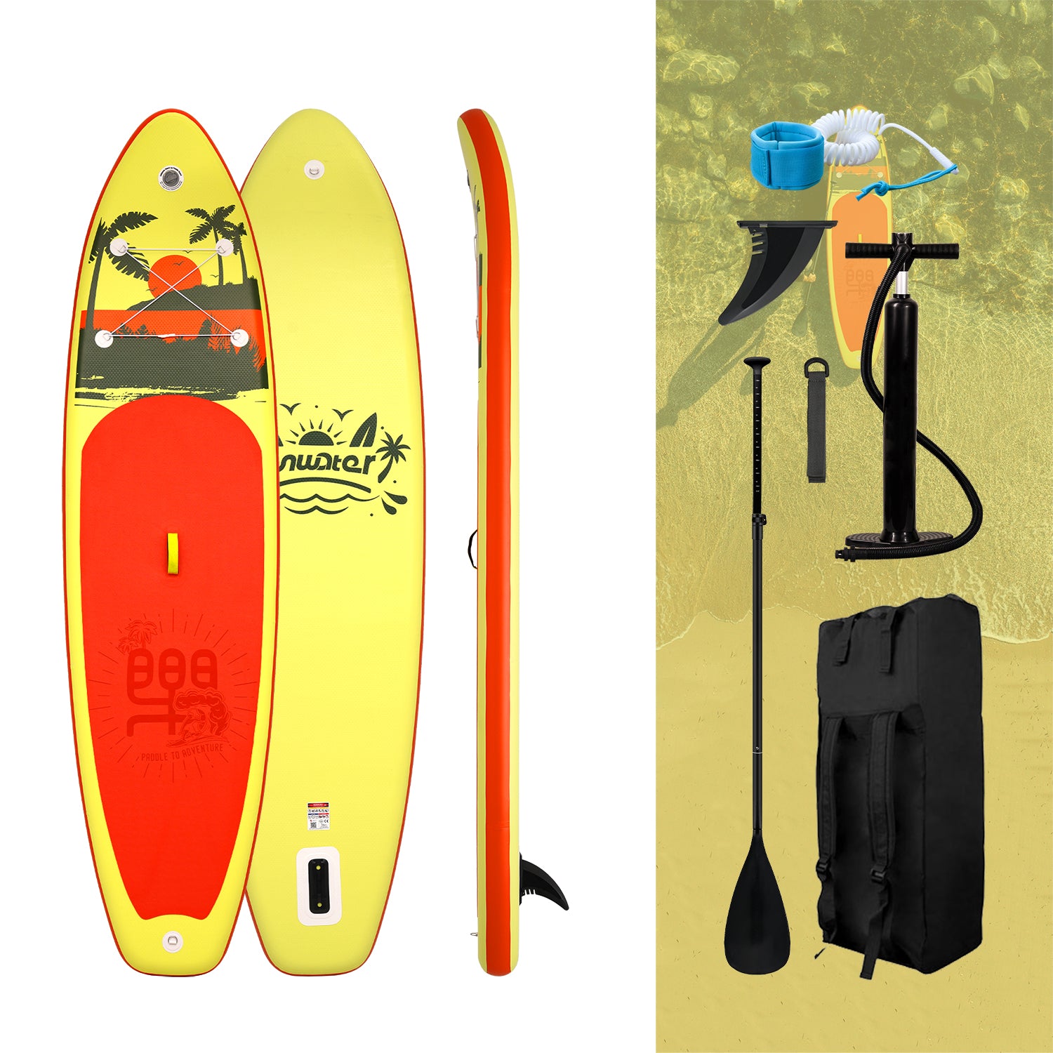 Funwater Palm 11' Inflatable Stand Up Paddle Board in yellow color with essential accessories