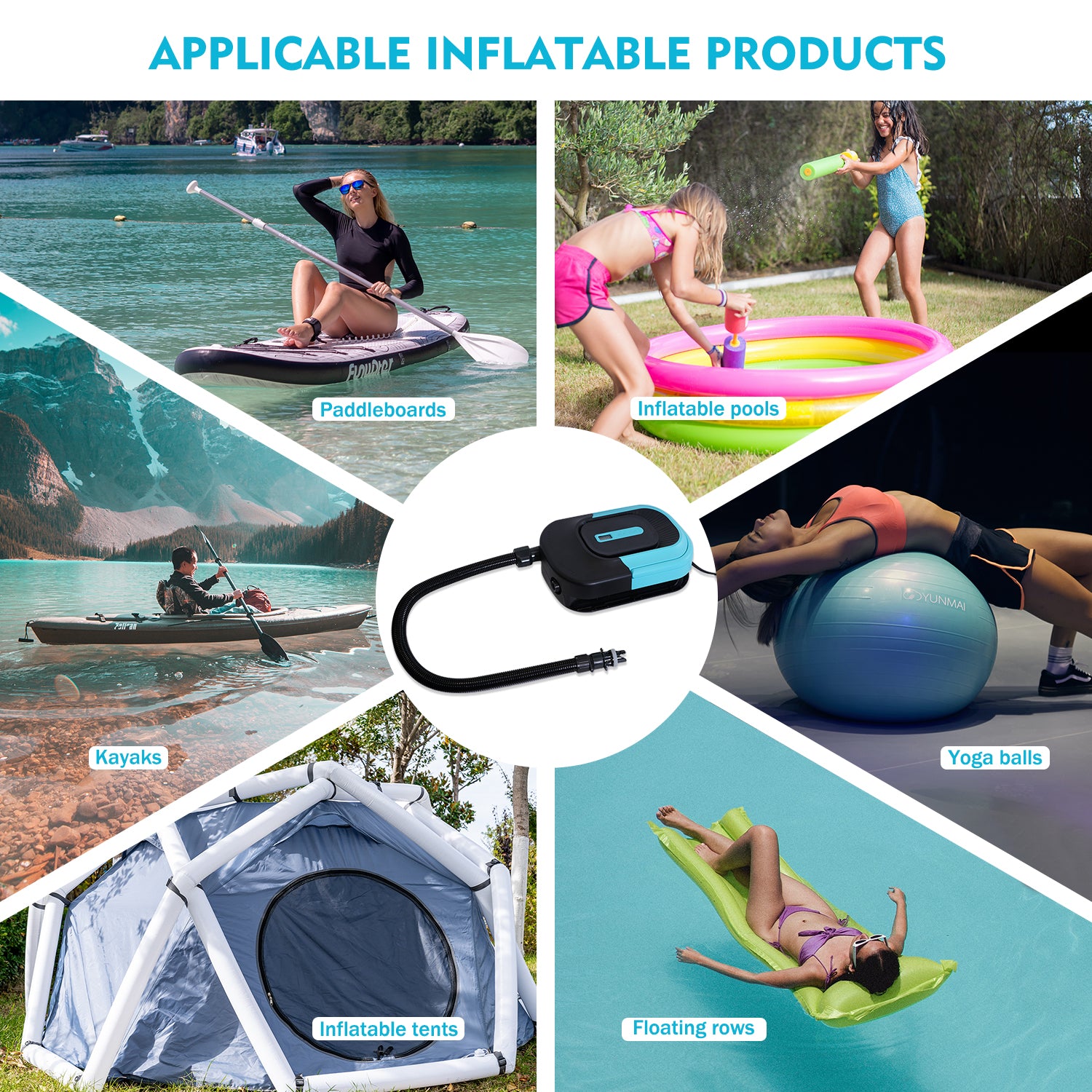 Funwater electric air pump for paddle board could also be used in inflatable pools, kayaks, yoga balls, inlfatable tents and floating rows.