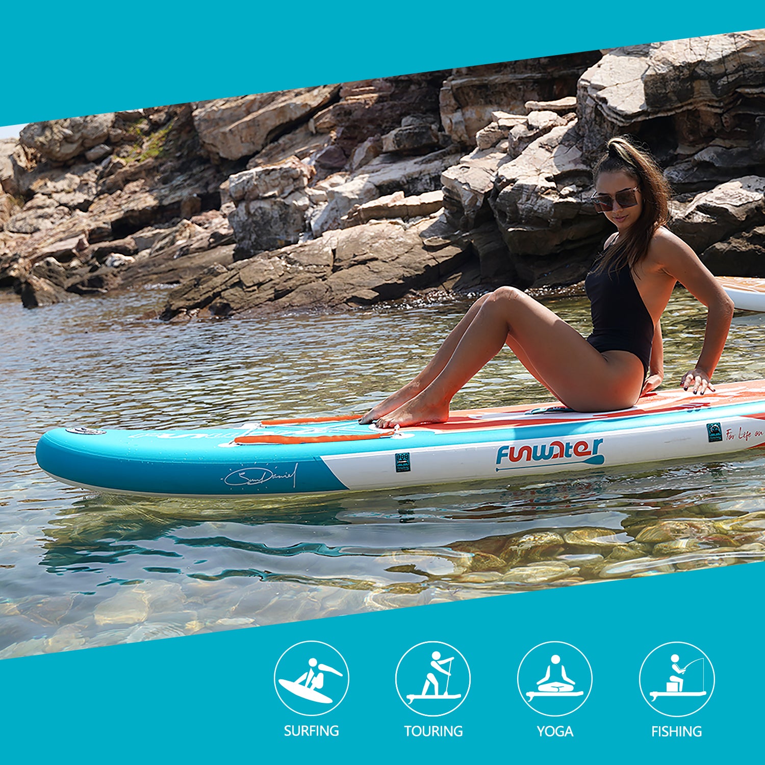 Funwater Dolphins blow up paddle board is a all-around paddle board, it is suitable for different kinds of outdoor activities, like touring, surfing, yoga and fishing
