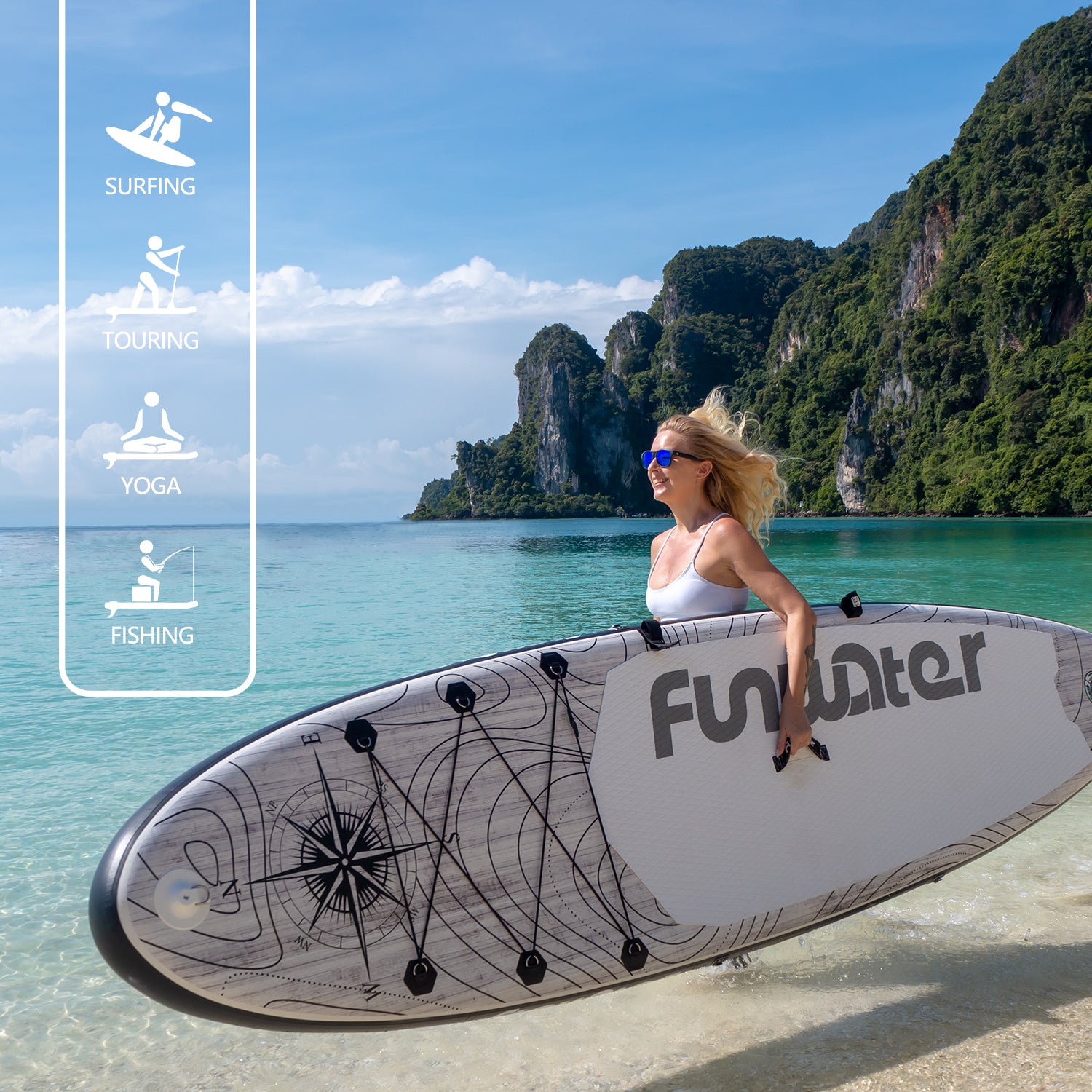 Funwater Discovery 11 ft inflatable paddle board is very suitable for surfing, touring, yoga and fishing, which is a all-around paddle board