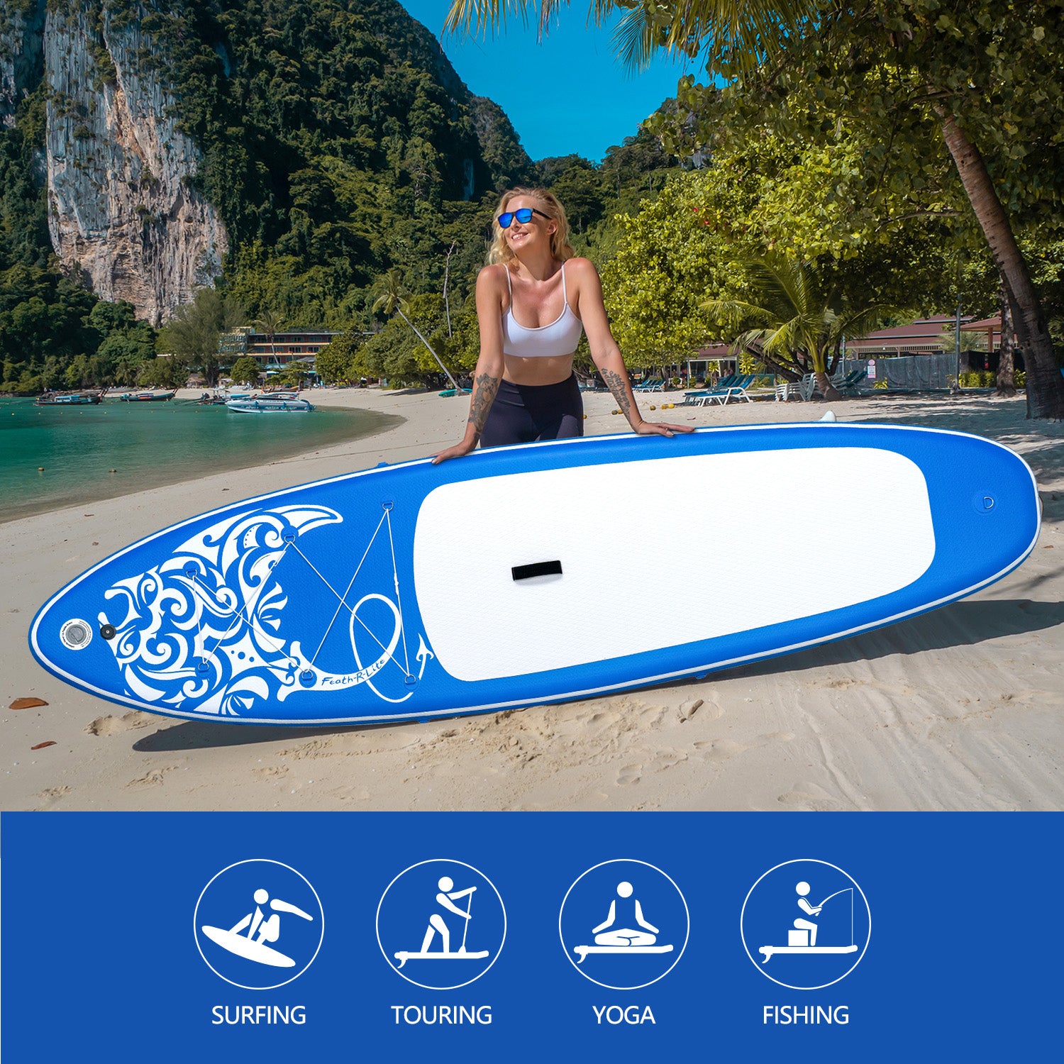 Feath-R-Lite blow up paddle board is suitable for surfing, touring, yoga and fishing