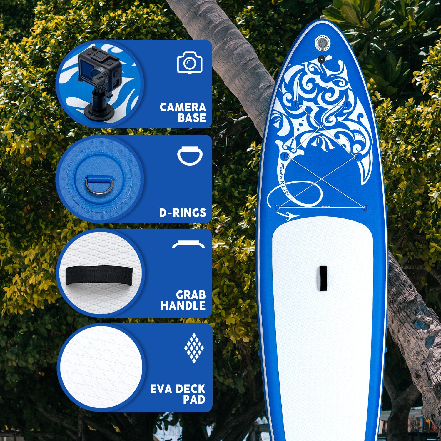 Feath-R-Lite inflatable SUP has camera base for you to take a vlog, and EVA deck pad to avoid slipping