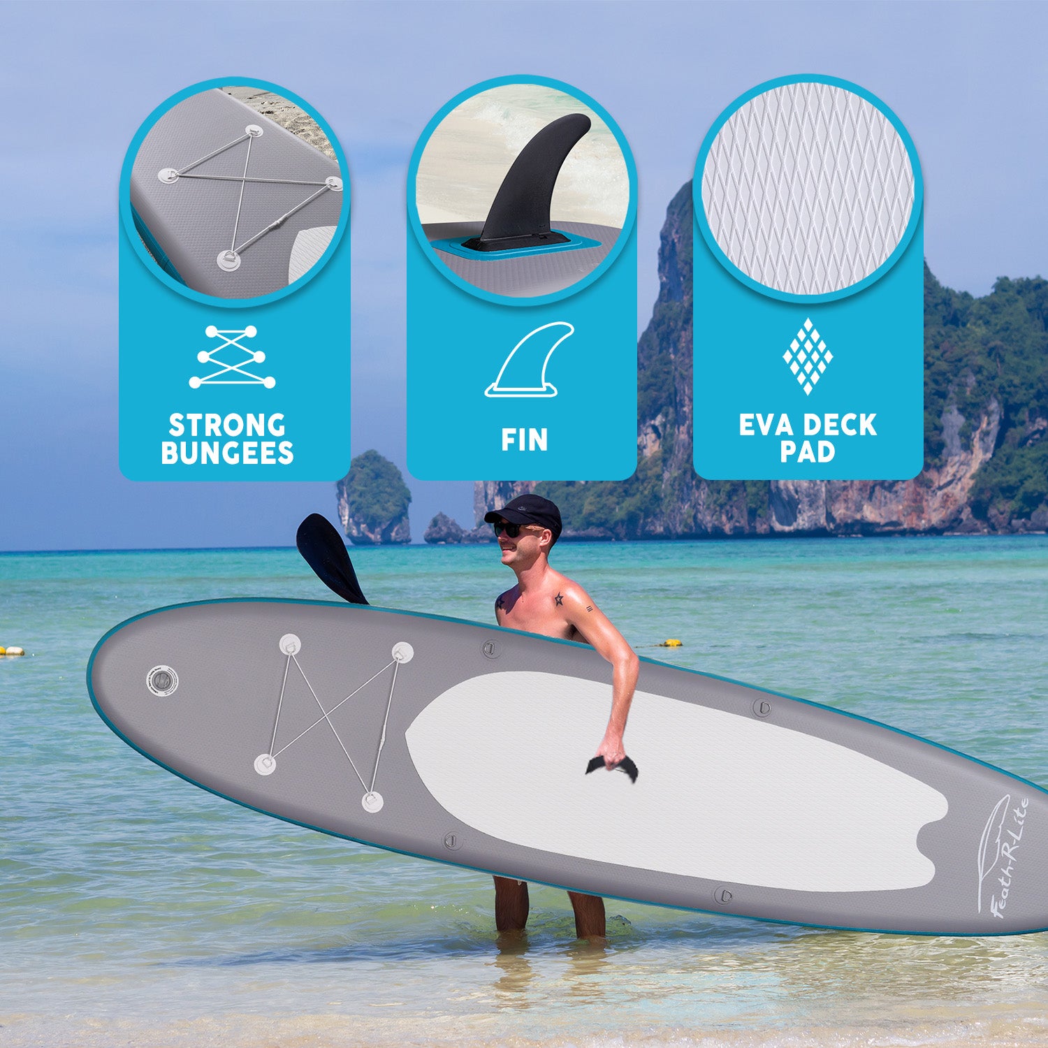 Feath-r-lite Feather 11' stand up paddle board has strong bungees, removable fins, and EVA deck pad