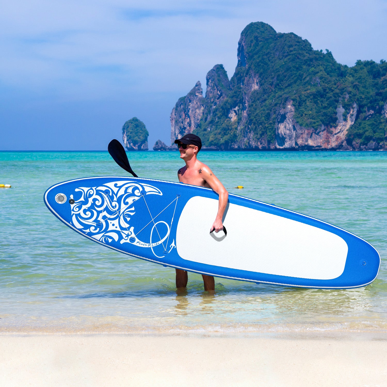 A man was carrying Feath-r-lite inflatable SUP, which is lightweight and easy to carry