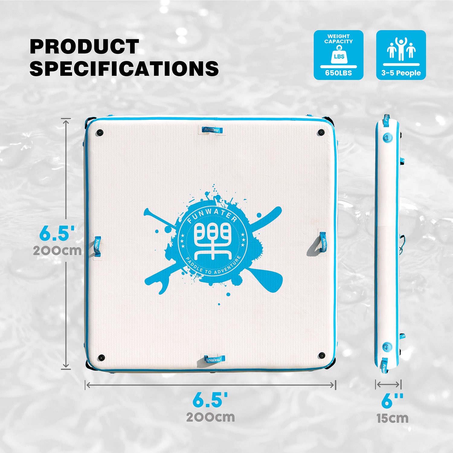 Funwater inflatable floating dock is 6.5'*6.5', easy to recommend 3-5 people