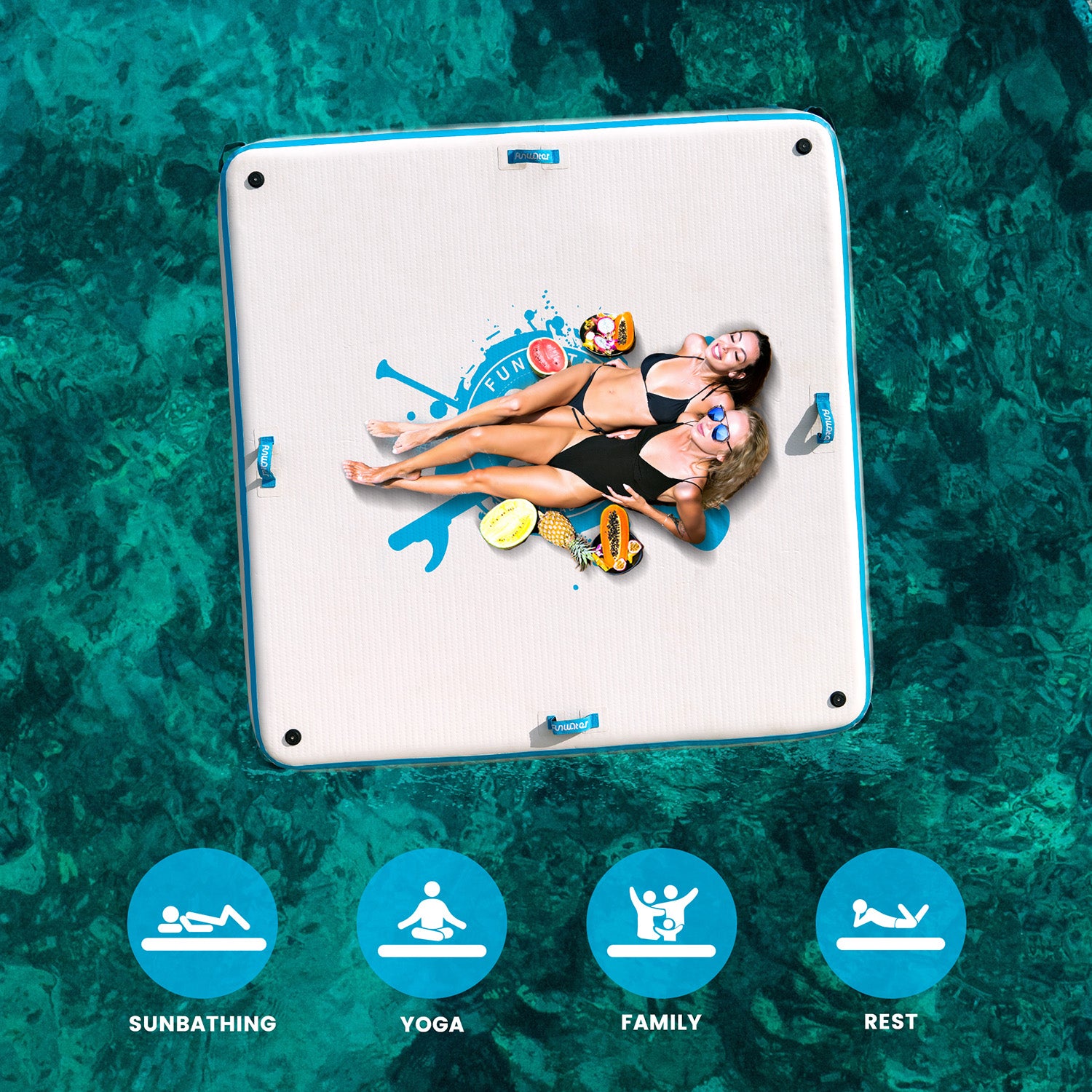 Funwater inflatable floating platform is suitable for sunbathing, yoga, family outing and rest