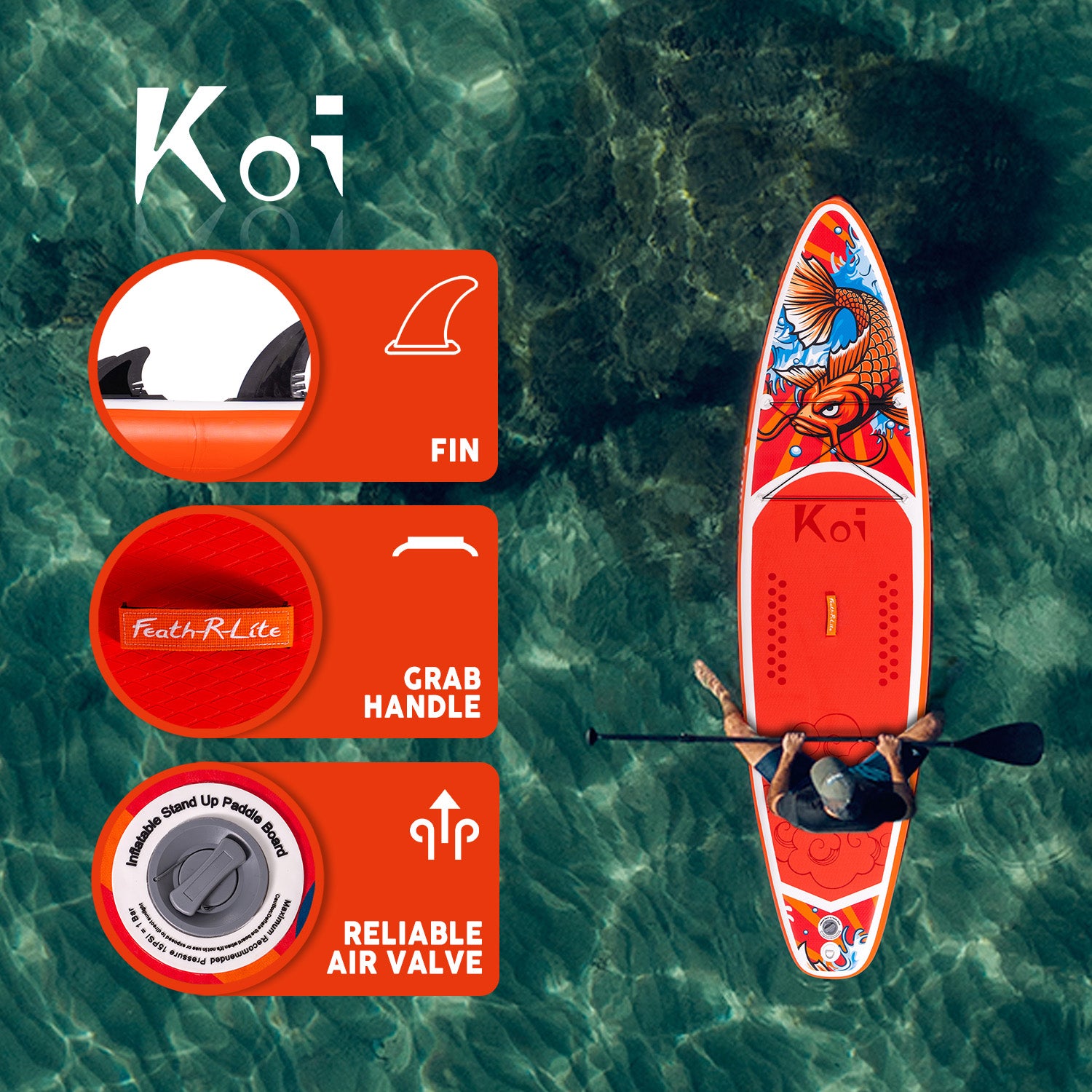 FUNWATER KOI paddleboard includes reliable air balve, crab handle and fin.