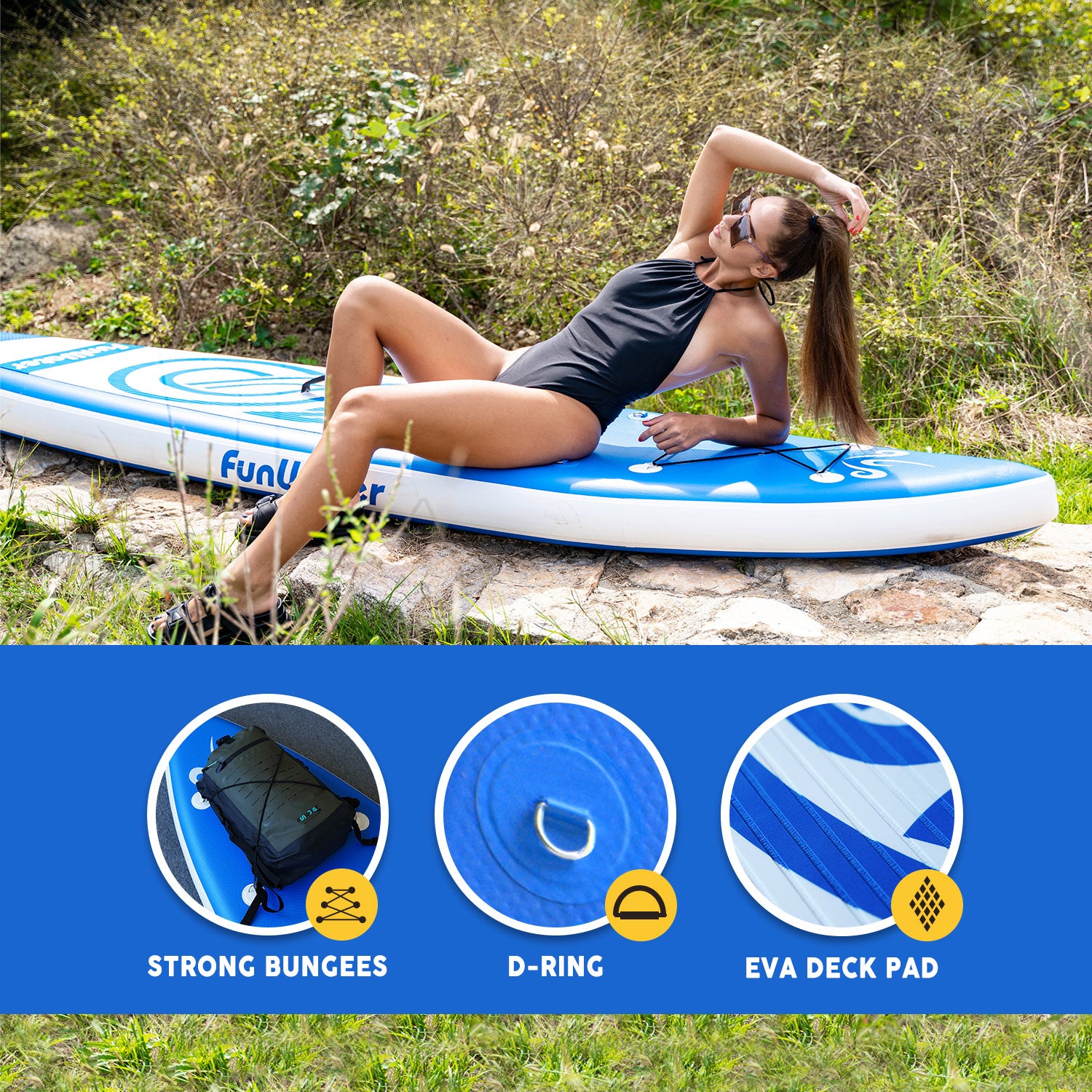 FUNWATER RAINBOWE SNAKE 10' blow up paddle board has strong bungees to store waterproof bags