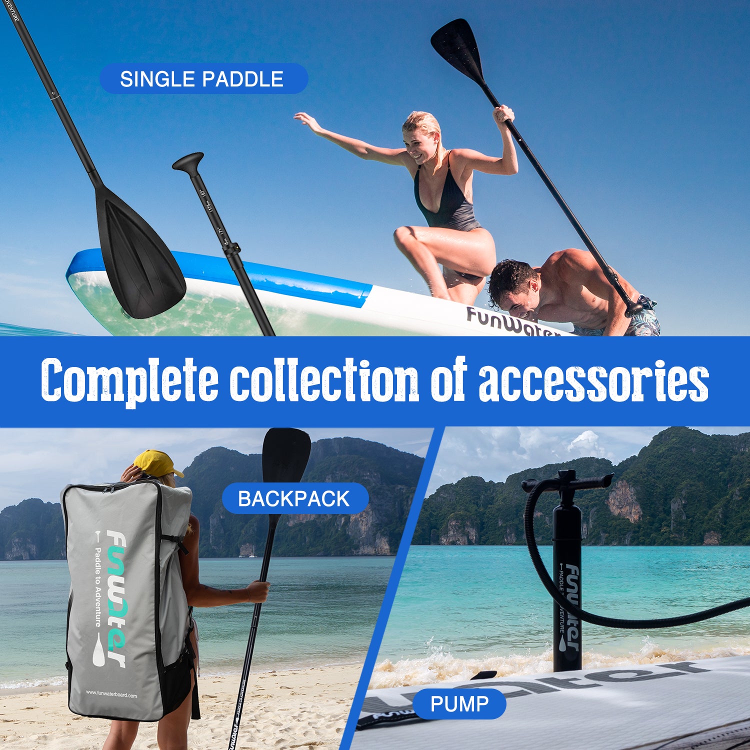 FUNWATER RAINBOW SNAKE paddle board accessories includes a single paddle, a backpage, and a high pressure hand pump