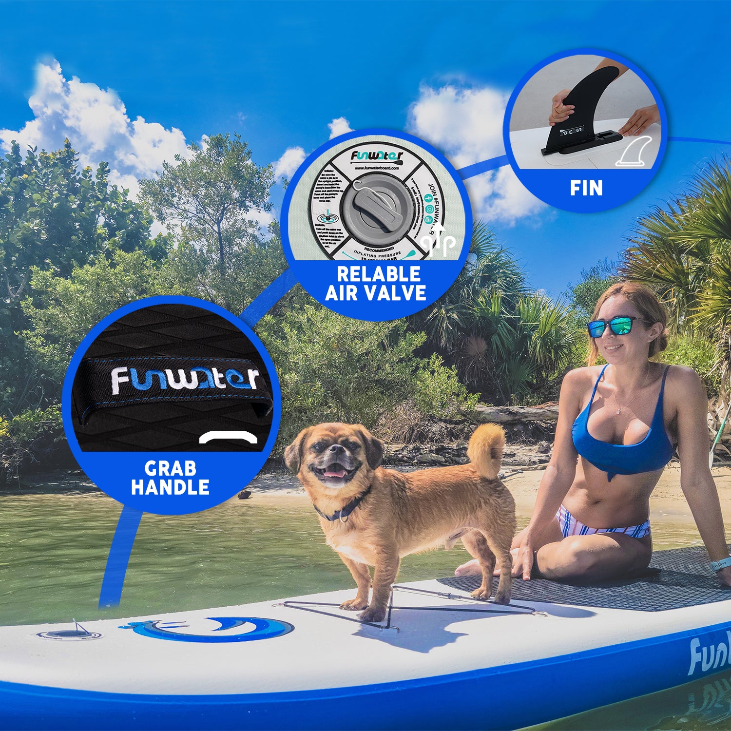 FUNWATER SMILING FACE 11' paddle board for adults has grab handle, reliable air valve, and replacement fin