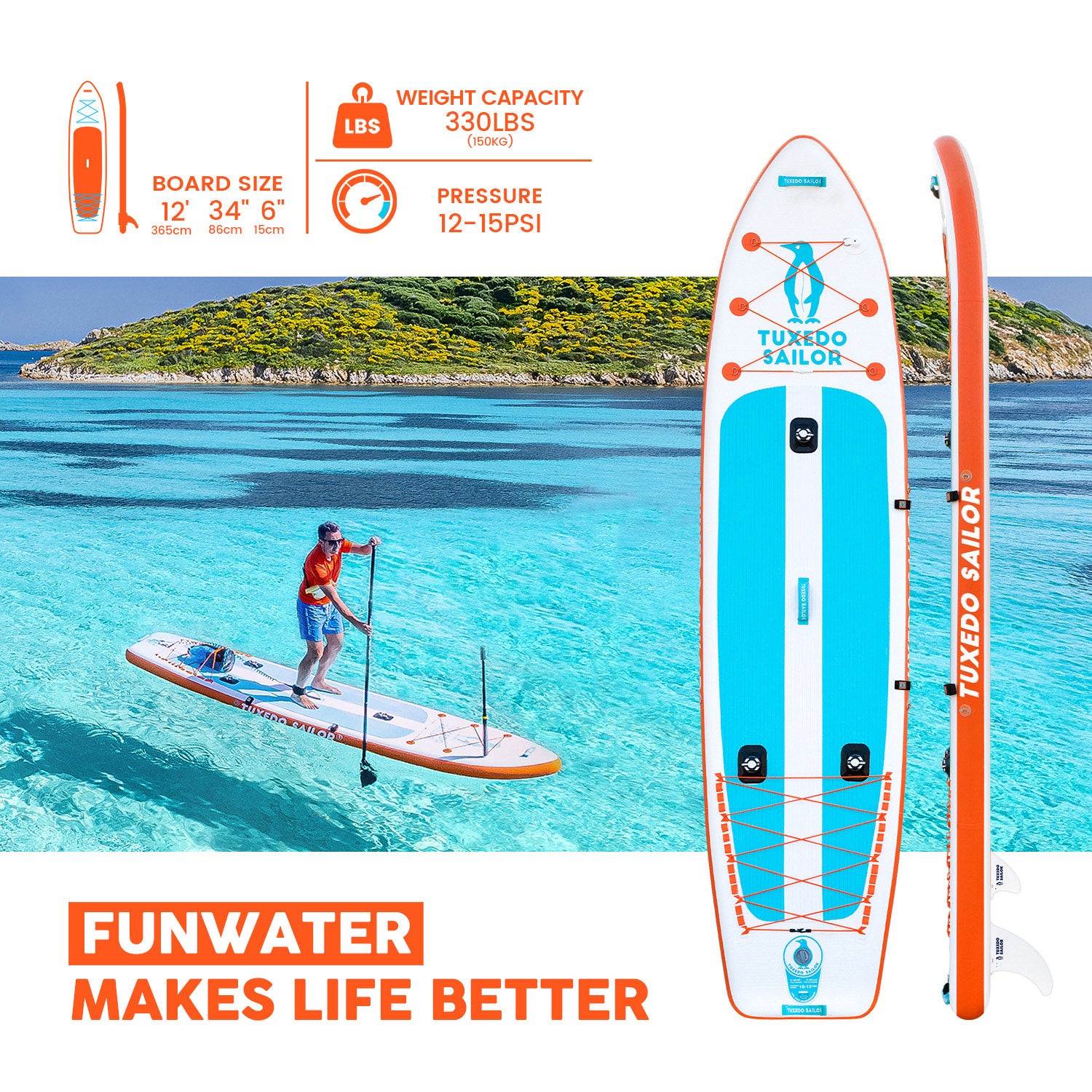 Tuxedo Sailor fishing paddle board Cetus is 12'*34