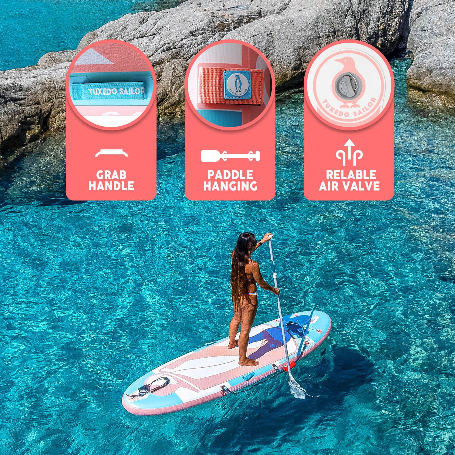 TUXEDO SAILOR SANVU 10' SUP has paddle hanging to store your paddle on the water