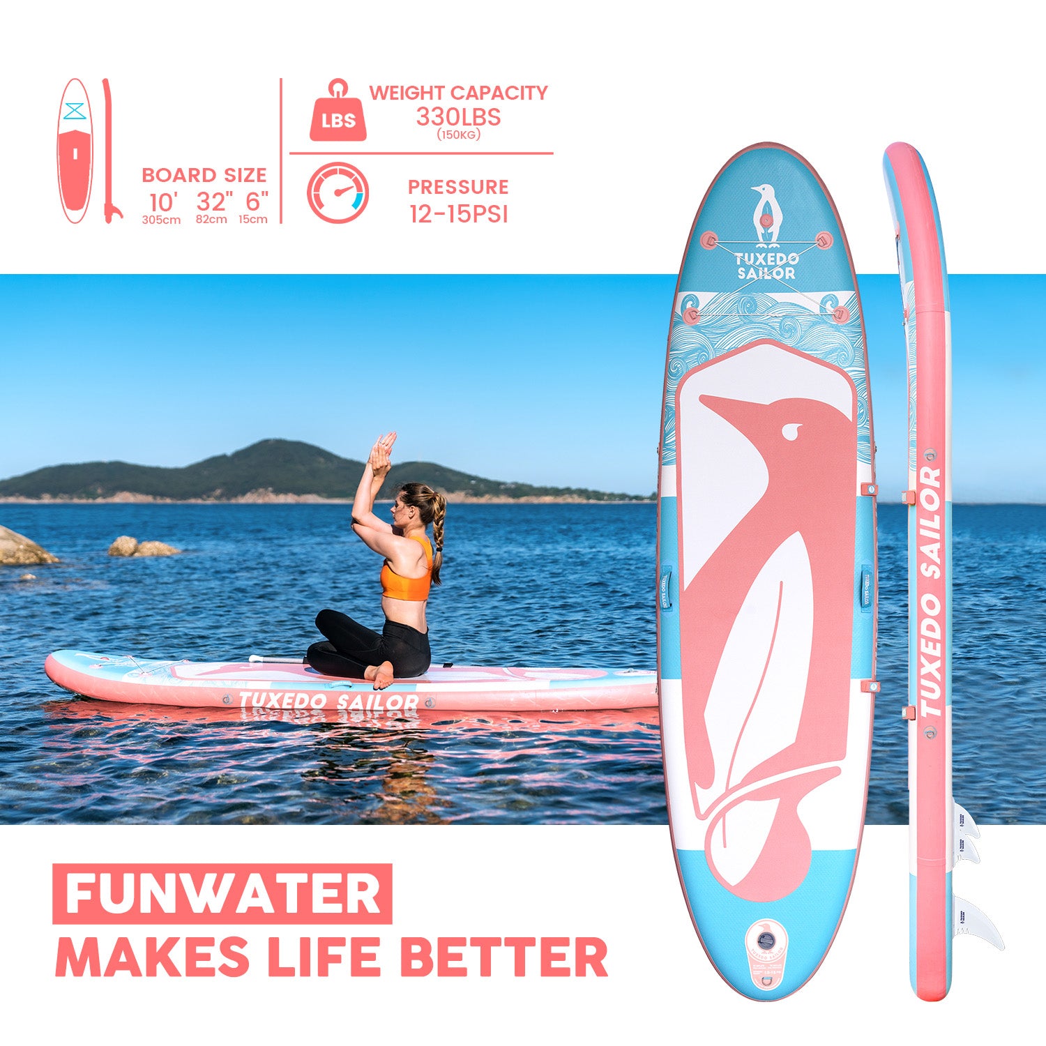 TUXEDO SAILOR SANVU yoga paddle board is 10'*32