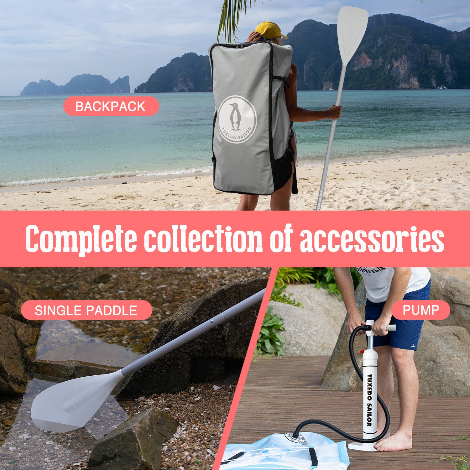 TUXEDO SAILOR SANVU 10' yoga paddle board accessories includes backpack, paddle, and pump