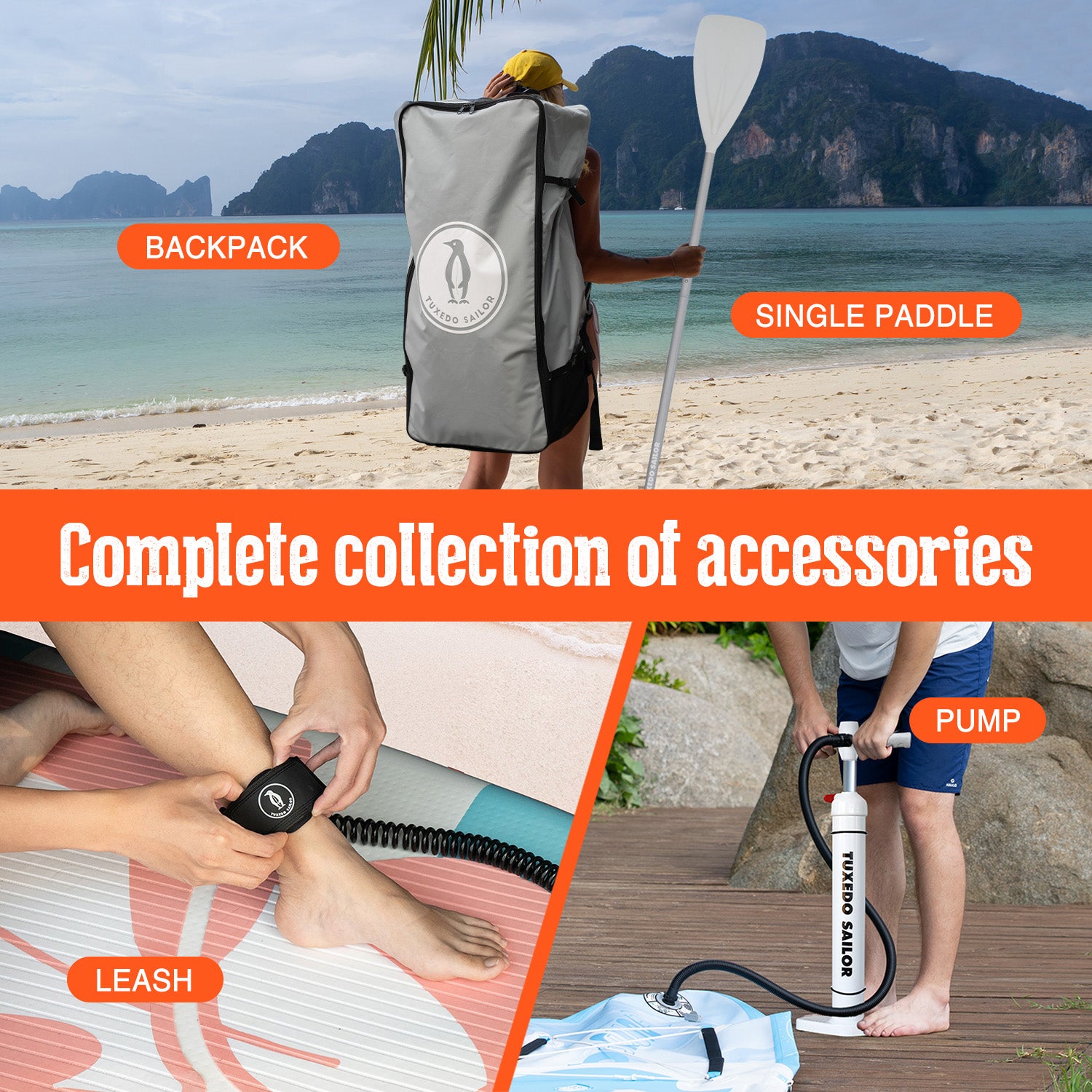 Tuxedo Sailor fishing paddle board Cetus and accessories, SUP backpack, stand up paddle, kleash and high pressure pump