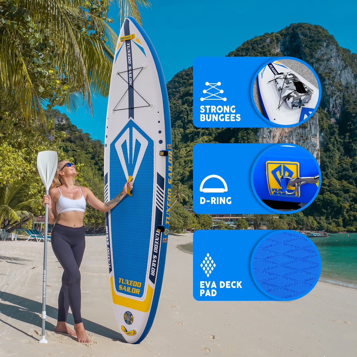 TUXEDO SAILOR Emblem inflatable SUP has strong bungees, D-ring,and EVA deck pad