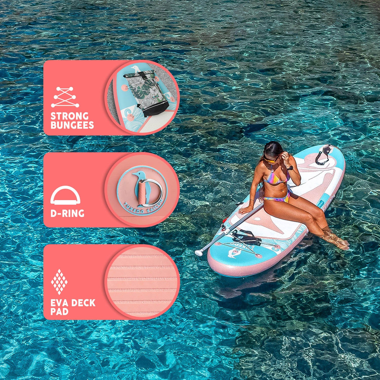 TUXEDO SAILOR SANVU 10' yoga paddle board has strong bungees to store your waterproof bags