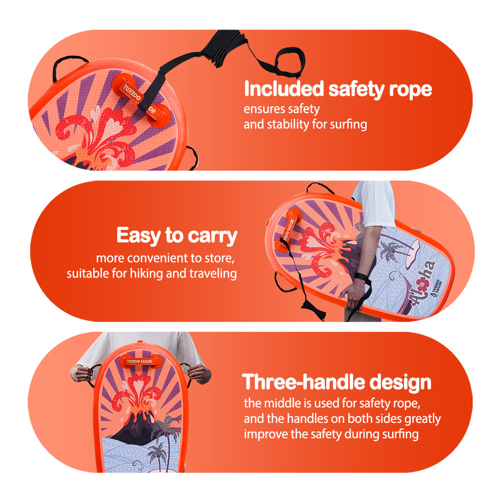 Tuxedo Sailor bodyboard is easy to carry with safety rope and three-handle design