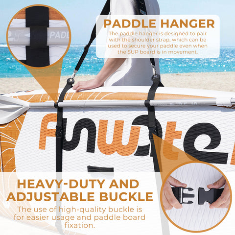 the paddle hanger is designed to pair with the shoulder strap, which can be used to secure your paddle even when the SUP board is in movement the use of high-quality buckle is for easier and paddle board fixation