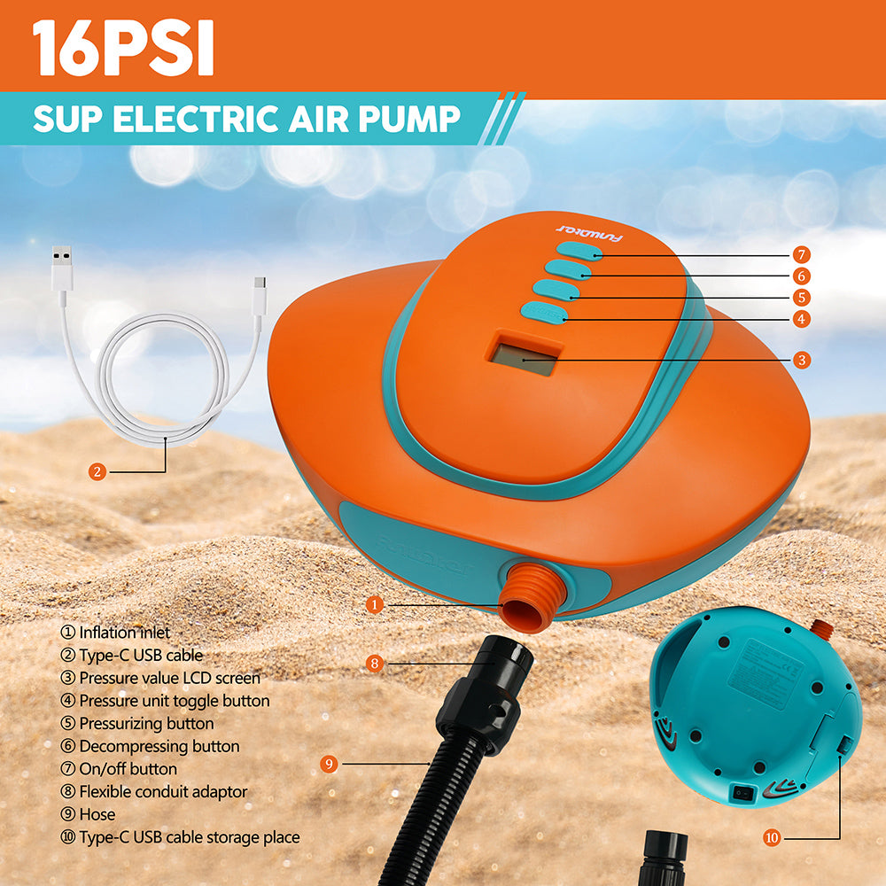 Funwater electric paddle board pump has type-c USB cable