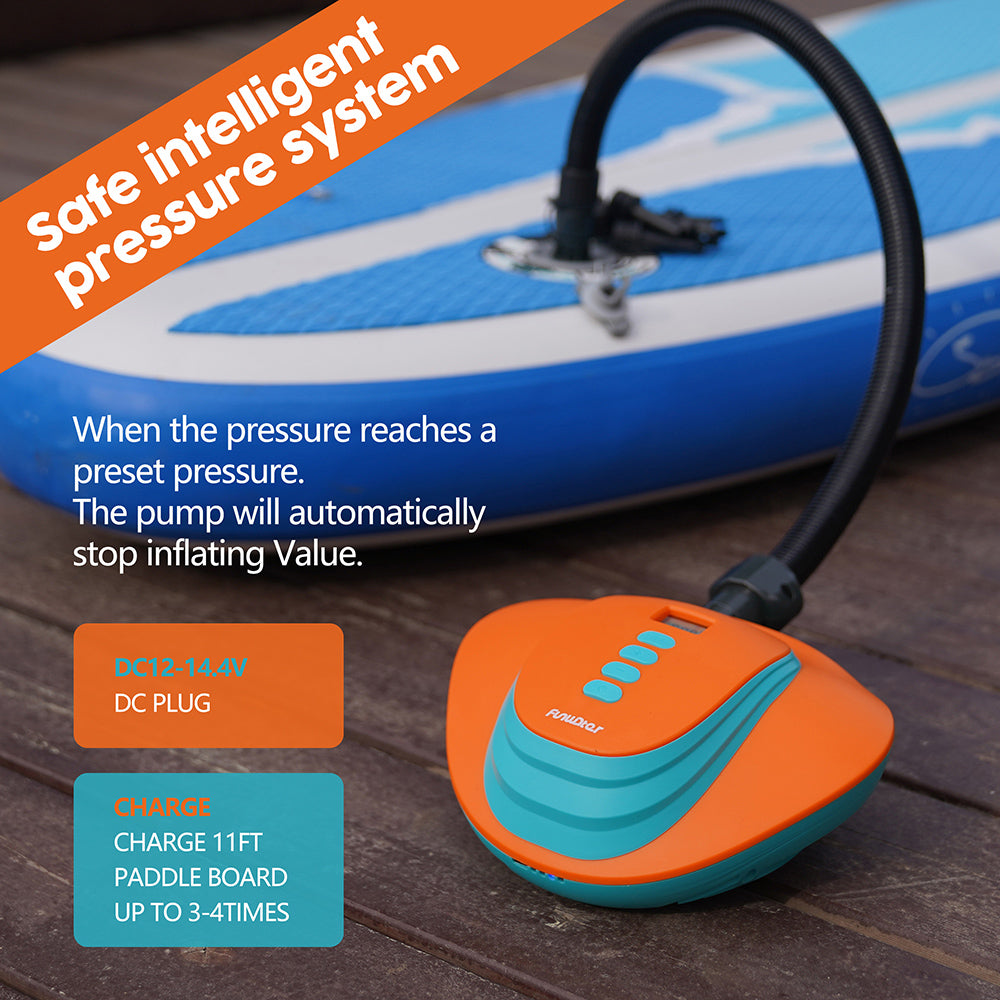 Funwater electric air pump has safe intelligent pressure system, which when the pressure reaches a preset pressure, the pump will stop working